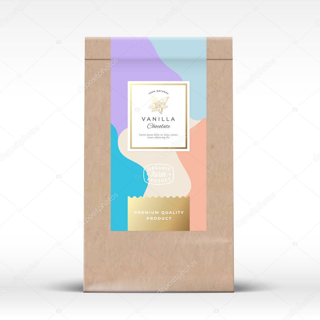 Craft Paper Bag with Minty Chocolate Label. Abstract Vector Packaging Design Layout with Realistic Shadows. Modern Typography, Hand Drawn Vanilla Flower Silhouette and Colorful Background.