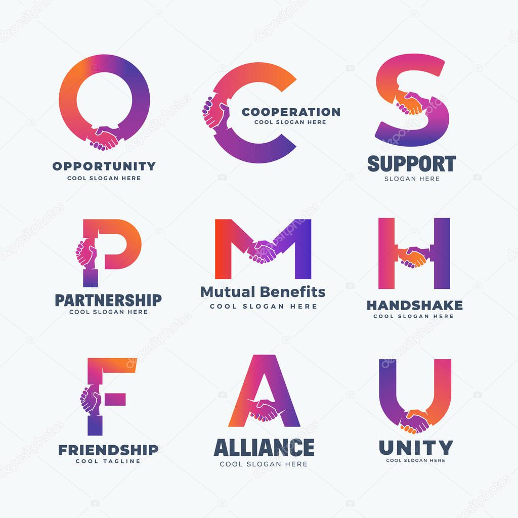 Handshake Letters Abstract Vector Sign, Symbol or Logo Templates Set. A Collection of Hand Shake Icon Incorporated in Letters Cooperation Concepts. Isolated.