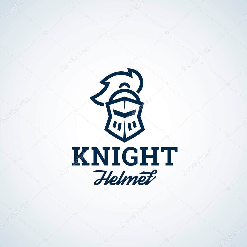 Simple Line Style Knight Helmet Abstract Vector Icon, Symbol or Logo Template. Warrior Head Sillhouette with Modern Typography. Creative Medieval Emblem.