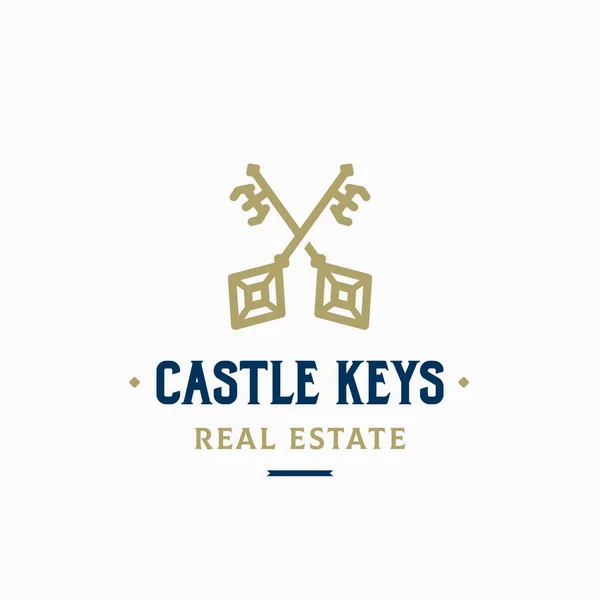 Castle Keys Abstrakcyjny znak wektorowy, symbol lub szablon logo. Skrzyżowane klucze Sillhouettes z klasyczną typografią retro. Nieruchomości Vintage Vector emblemat. — Wektor stockowy