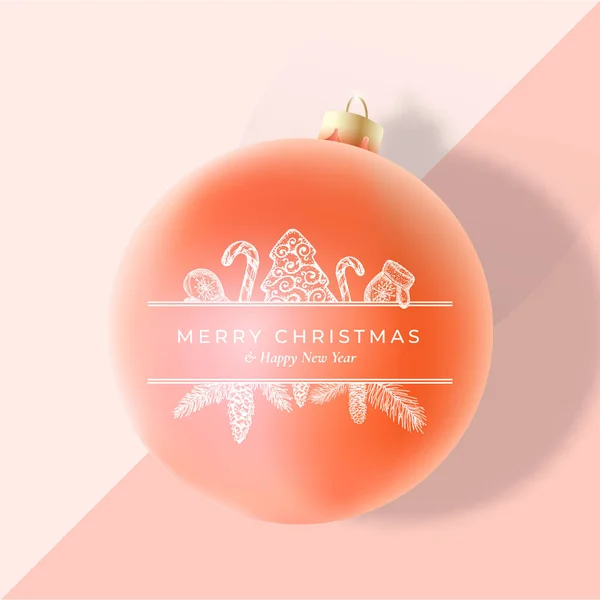 Tarjeta de felicitación de Navidad, afiche, pancarta o invitación a la fiesta. Bola de Navidad realista vectorial con sombras suaves y banner de marco con bastón de caramelo, árbol y bocetos estrobiliares. Pastel de moda fondo rosa — Vector de stock