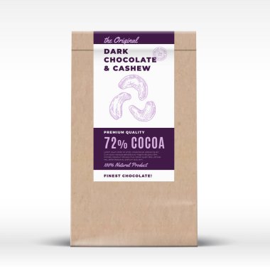 Orijinal Kara Çikolata ve Kaju. Kart Kağıt Torba Ürün Etiketi. Gerçekçi Gölgelerle Soyut Vektör Tasarım Düzeni. Modern Typography and Hand Drawn Nuts silueti.
