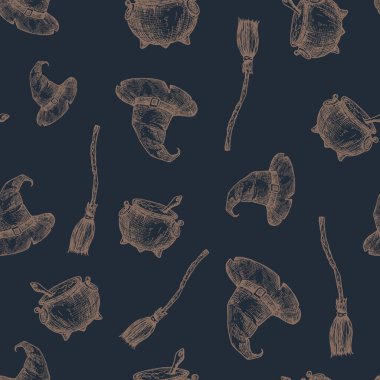 El Çekimi Cadı Şapkası, Süpürge ve Kazan Vektörü Kusursuz Şablon. Cadılar Bayramı Kutlaması Tebrik Kartı, Paketleme ya da Kapak Şablonu. Karanlık Arkaplan