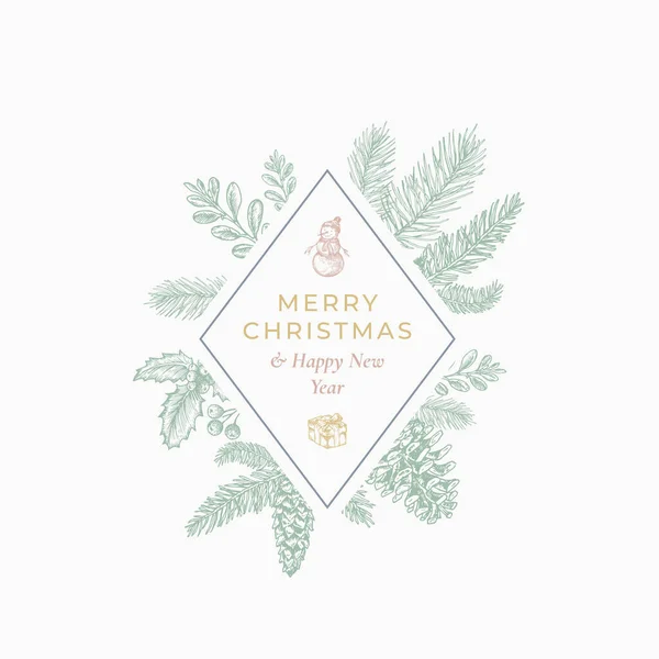 Merry Christmas Abstract Botanical Card with Rhombus Frame Banner and Modern Typography Hand Drawn Snowman, Gift and Fir-needle Sketches Зелений, жовтий і рожевий кольори пастелі.. — стоковий вектор