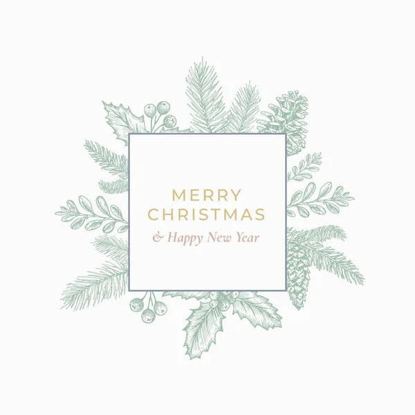 Merry Christmas and Happy New Year Abstract Botanical Card with Square Frame Banner and Modern Typography Зелені та рожеві пастельні кольори, що вітають вирівнювання. — стоковий вектор