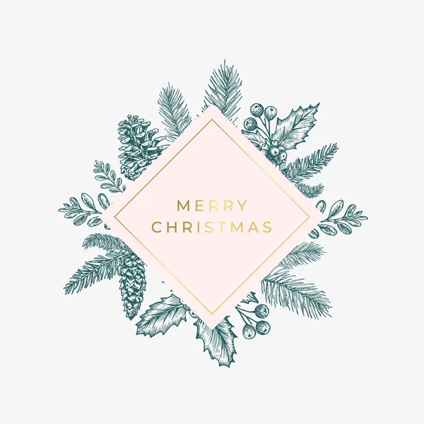 Merry Christmas Abstract Botanical Card with Rhombus Frame Banner and Modern Typography Золотий градієнт, зелений і рожевий пастельні кольори. — стоковий вектор