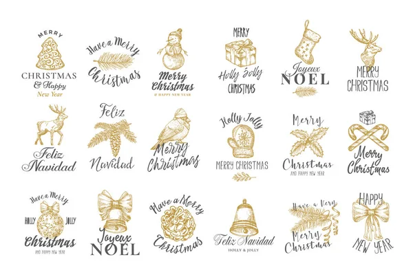 Vrolijk Kerstfeest en Gelukkig Nieuwjaar Abstract Vectortekens, Labels of Logo Templates Collectie. Handgetekende vakantiesymbool schetsen met Retro Typografie. — Stockvector
