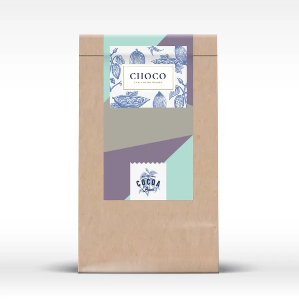 Kakao Schokolade Craft Paper Bag Produktetikett. Abstraktes Vektorverpackungsdesign-Layout mit realistischen Schatten. Moderne Typografie und handgezeichnete Kakaobohnen-Zweig-Silhouette. — Stockvektor