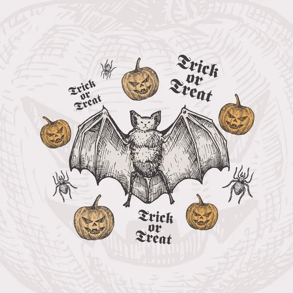 Trick or Treat Halloween Wektor tle lub szablon karty. Ręcznie rysowane nietoperze i dynie ze szkicem Spider i klasyczną typografią. Wakacyjny skład dekoracyjny. — Wektor stockowy