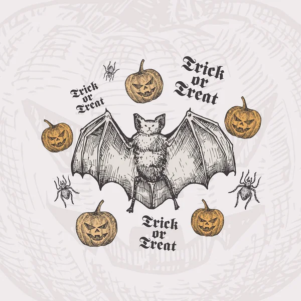 Truco o tratar Halloween Vector fondo o plantilla de tarjeta. Murciélago dibujado a mano y calabazas con boceto de araña y tipografía vintage. Composición decorativa de vacaciones. — Vector de stock