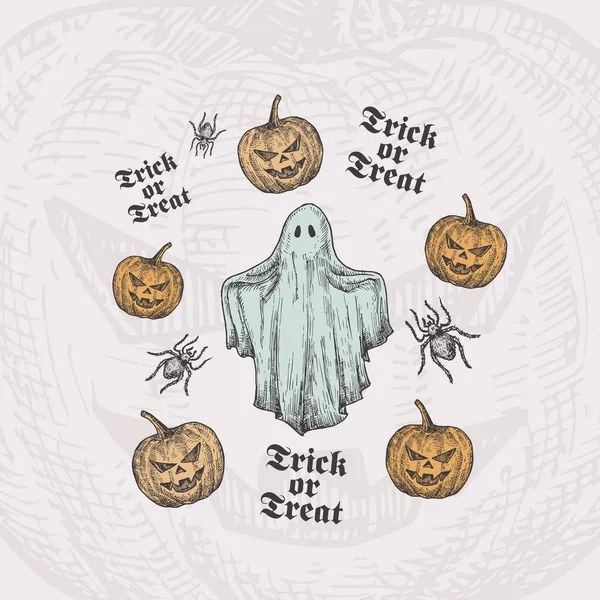 Trick or Treat Halloween Wektor tle lub szablon karty. Ręcznie rysowane duchy i dynie ze szkicem Spider i klasyczną typografią. Wakacyjny skład dekoracyjny. — Wektor stockowy