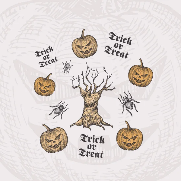 Truc of trakteer Halloween Vector Achtergrond of Kaart Template. Handgetekende Spooky Tree and Pumpkins met Spider Sketch en Vintage Typografie. Vakantie Decoratieve Samenstelling. — Stockvector