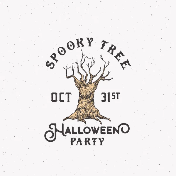 Spooky Tree Party Logo de Halloween o plantilla de etiqueta. Símbolo de boceto de árbol malvado colorido dibujado a mano con tipografía retro. Texturas de Shabby. — Vector de stock