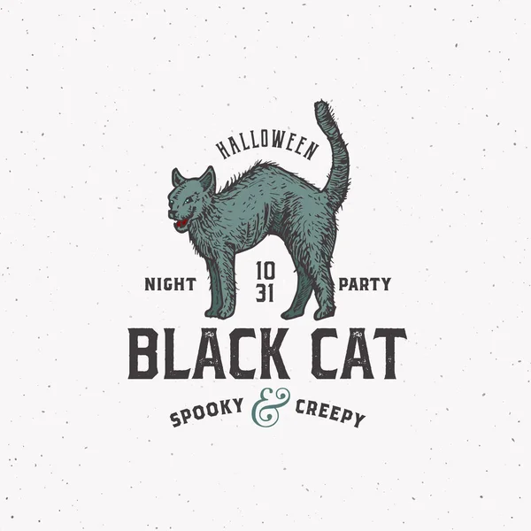 Espeluznante gato negro espeluznante. Muestra de fiesta nocturna de Halloween, logotipo o plantilla de etiqueta. Símbolo de boceto de gato colorido dibujado a mano con tipografía retro. Texturas de Shabby. — Vector de stock