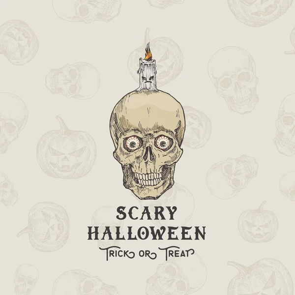 Happy HalloweenTrick of trakteer Vector Achtergrond of Kaart Template. Met de hand getekend Scull met ogen en kaars schets illustraties. Vakantie decoratieve samenstelling met naadloze schedel en pompoenen patroon. — Stockvector