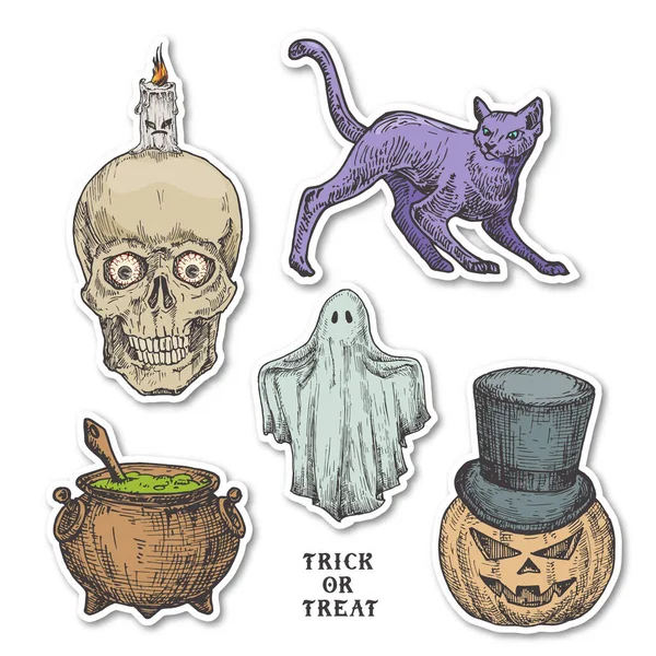 Set de pegatinas de Halloween estilo vintage. Calabaza dibujada a mano, Fantasma, Gato, Caldero y Scull con colección de símbolos de boceto de vela. Tipografía Retro. Sombras suaves. — Vector de stock