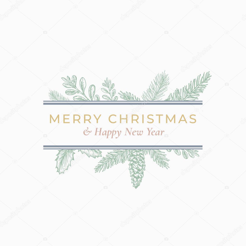Christmas Abstract Botanical Label with Rectangle Frame Banner and Modern Typography. Green, Grey and Pink Pastel Colors Greeting Layout. Isolated.