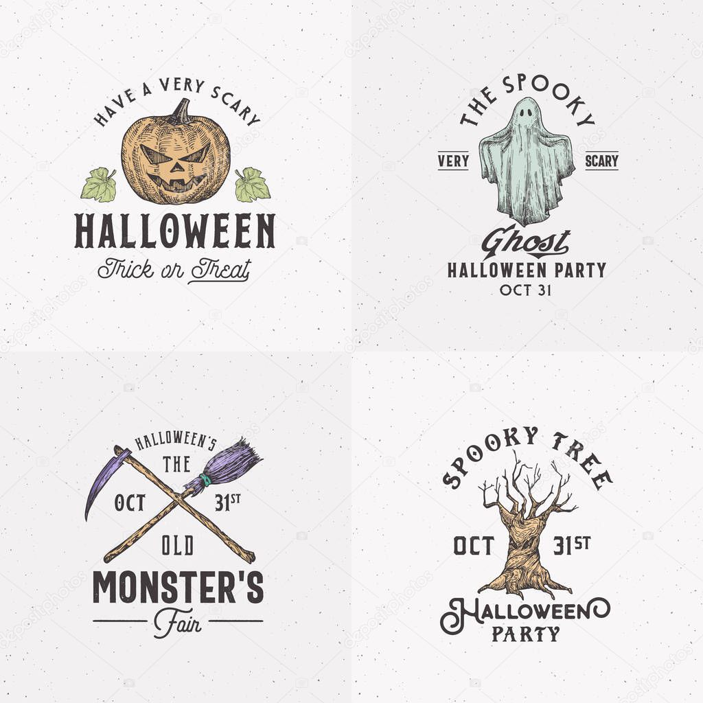 Vintage Style Halloween Logos or Labels Template Set. Hand Drawn Evil Pumpkin, Ghost, Spooky Tree, Broom and Scythe Sketch Symbols Collection. Retro Typography. Shabby Textures Background. Isolated.