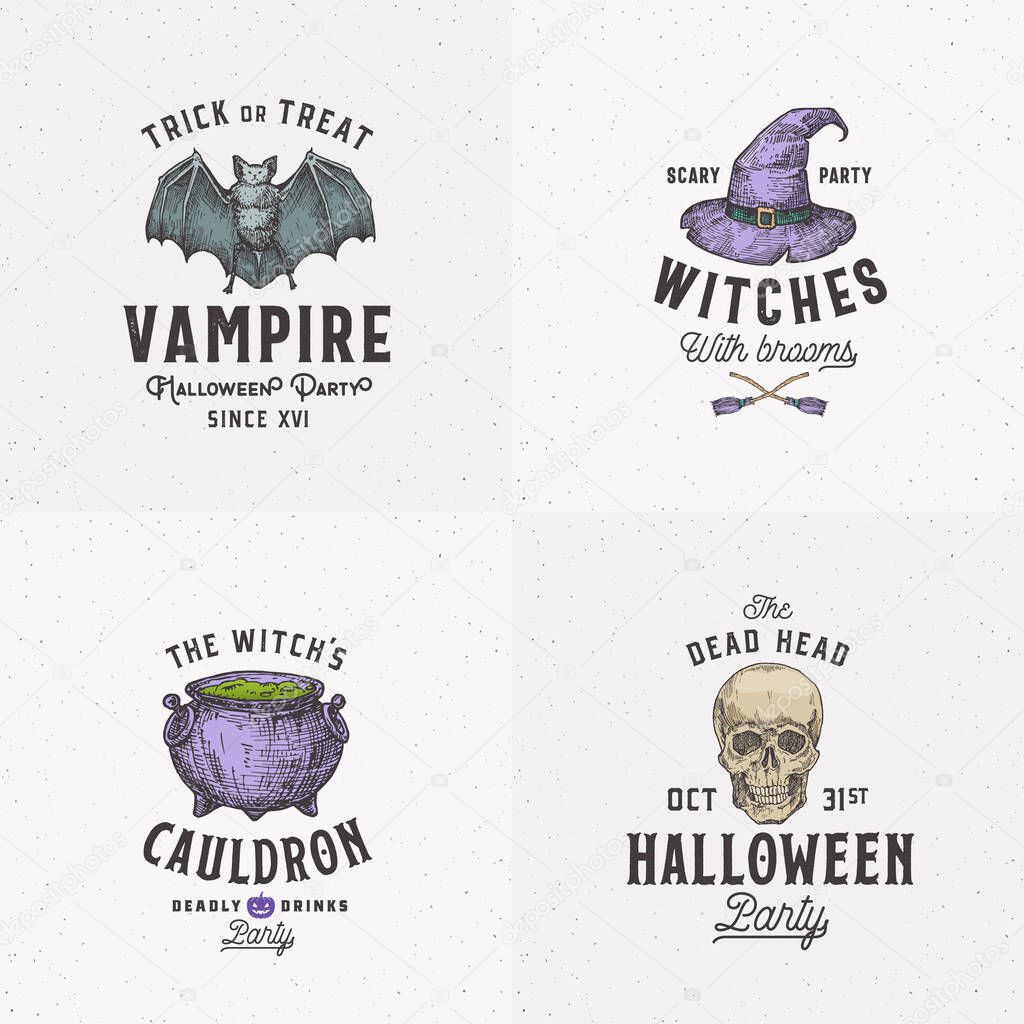 Vintage Style Halloween Logos or Labels Template Set. Hand Drawn Vampire Bat, Scull, Witch Hat and Cauldron Sketch Symbols Collection. Retro Typography. Shabby Textures Background. Isolated.