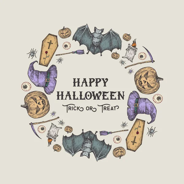 Corona di schizzo di Halloween, banner o modello di carta. Pubblicità Holiday Vector Illustrazione con tipografia retrò e colori vivaci. Zucca disegnata a mano, pipistrello, bara, cappello, falce e candela. — Vettoriale Stock