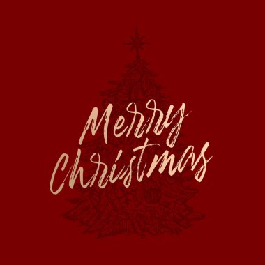 Mutlu Noeller Soyut Vektör Retro Etiketi, İmza ya da Kart Şablonu. El Çizimi Çam Ağacı. Oyuncaklarla süslenmiş. Eskiz ve Fırça ile süslenmiş. Premium Kırmızı Arkaplan