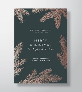 Mutlu Noeller Soyut Vektör Kutlama Kartı, Poster veya Tatil Davetiyesi. Altın Gradyan Arkaplan Çizimleri ve Tipografi. Strobile çizimleri ve yumuşak gölgeleri olan firavun iğneleri.