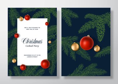 Noel ve Yeni Yıl Soyut Vektör Kutlama Kartı, Poster veya Arkaplan. Klas tipografi ile arka ve ön tasarım düzeni. Çizim Çam dalları, Strobile Renkli Oyuncak Topları Davetiyesi