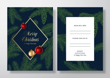 Noel Çerçevesi Soyut Vektör Davetiye Kartı, Poster veya Arkaplan. Klas tipografi ile arka ve ön tasarım düzeni. Çizim Çam Dalları, Strobile. Renkli Gerçekçi Oyuncak Topları Daveti