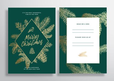 Noel Soyut Vektör Tebrik Kartı, Poster veya Arkaplan. Arka ve Ön Davetiye Tasarımı Klas Typography ile. Altın Çam Dalları, Strobiler, Holly ve Ökseotu.