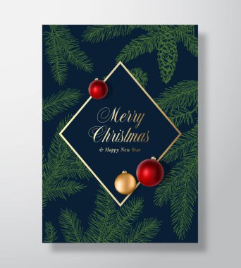 Mutlu Noeller Soyut Vektör Kutlama Kartı, Poster veya Tatil Arkaplanı. Altın Gradyan Çerçeve ve Klas Tipografi. Yumuşak Gölgeler Gerçekçi Balolar ve Strobile 'le Eskiz İğneleri.