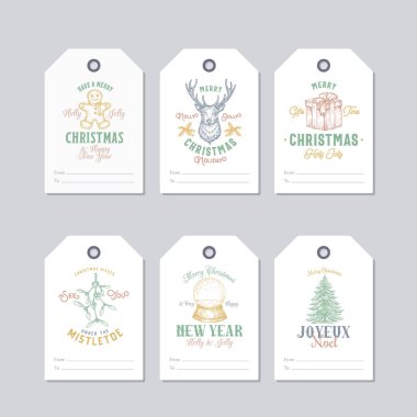 Christmas and New Year Ready-to-Use Pastel Colour Gift Tags or Labels Templates Set. Hand Drawn Reindeer, Cookie Man, Mistletoe, Snowball, Pine and Gift Box Sketches with Retro Typography. clipart