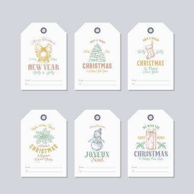 Christmas and New Year Ready-to-Use Pastel Colour Gift Tags or Labels Templates Set. Hand Drawn Snowman, Holly, Pine, Sock, Bell and Gift Box Sketches with Retro Typography. clipart