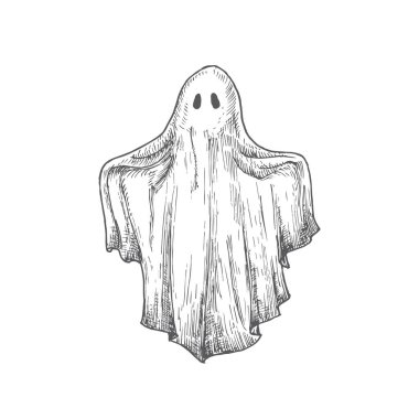 El çizimi Cadılar Bayramı Korkunç Uçan Hayalet Vektör İllüzyonu. Soyut Rustik Ruh Çizimi. Tatil İşleme Biçimi Çizimi.