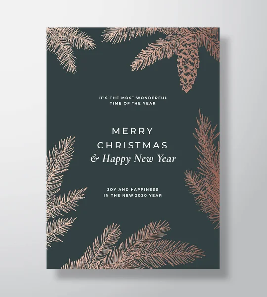 Mutlu Noeller Soyut Vektör Kutlama Kartı, Poster veya Tatil Davetiyesi. Altın Gradyan Arkaplan Çizimleri ve Tipografi. Strobile çizimleri ve yumuşak gölgeleri olan firavun iğneleri.