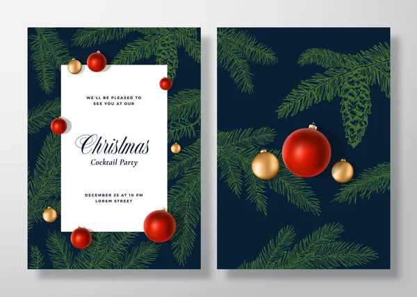 Noel ve Yeni Yıl Soyut Vektör Kutlama Kartı, Poster veya Arkaplan. Klas tipografi ile arka ve ön tasarım düzeni. Çizim Çam dalları, Strobile Renkli Oyuncak Topları Davetiyesi