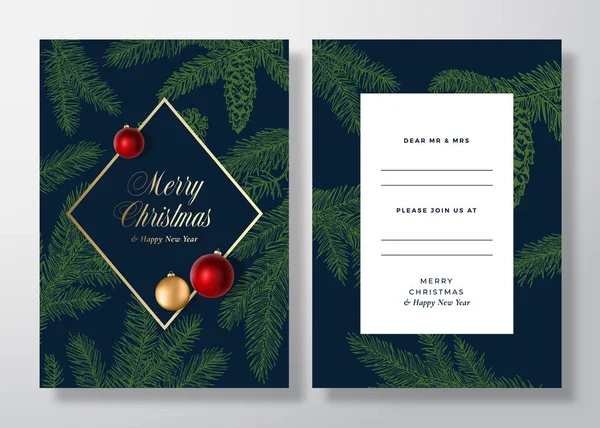 Noel Çerçevesi Soyut Vektör Davetiye Kartı, Poster veya Arkaplan. Klas tipografi ile arka ve ön tasarım düzeni. Çizim Çam Dalları, Strobile. Renkli Gerçekçi Oyuncak Topları Daveti