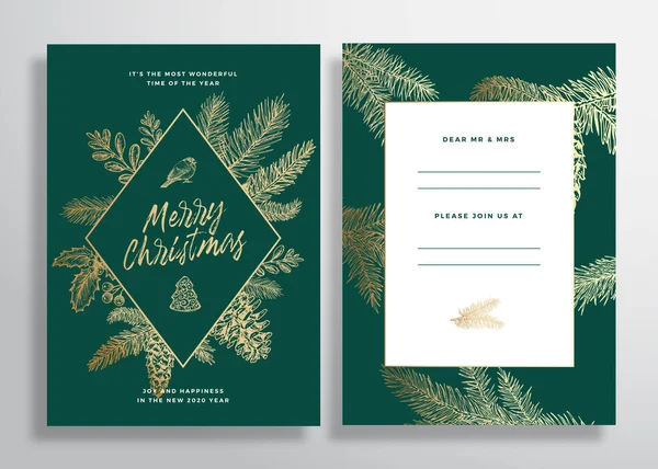 Noel Soyut Vektör Tebrik Kartı, Poster veya Arkaplan. Arka ve Ön Davetiye Tasarımı Klas Typography ile. Altın Çam Dalları, Strobiler, Holly ve Ökseotu.