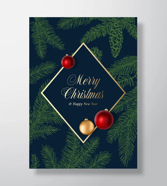 Mutlu Noeller Soyut Vektör Kutlama Kartı, Poster veya Tatil Arkaplanı. Altın Gradyan Çerçeve ve Klas Tipografi. Yumuşak Gölgeler Gerçekçi Balolar ve Strobile 'le Eskiz İğneleri.