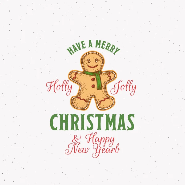 Merry Christmas Abstract Vector Retro Label, Sign or Logo Template. Colorful Hand Drawn Gingerbread Cookie Man Sketch Illustration with Vintage Typography. Shabby Texture Background. — Stock Vector