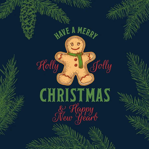 Merry Christmas Abstract Vector Retro Label, Sign or Logo Template. Colorful Hand Drawn Gingerbread Cookie Man Sketch Illustration with Vintage Typography. Background with Pine Fir Needle Branches — Stock Vector