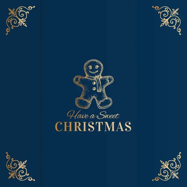 Veselé Vánoce Abstrakt Vector Classy Label, Logo nebo Card Template. Ručně kreslené zlaté perníkové sušenky Skica ilustrace s typografií a kroucenými dekorativními kouty. Premium Blue Background — Stockový vektor