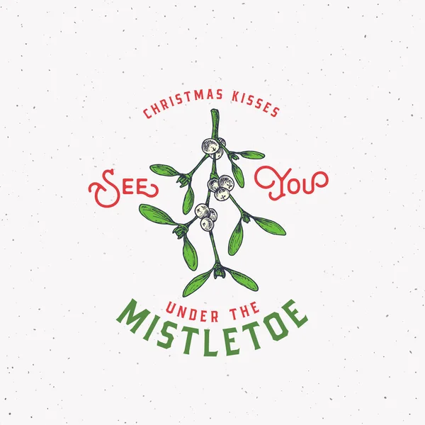 Feliz Natal Abstract Vector Retro Label, Sign or Logo Template. Ramo de visco colorido desenhado à mão com ilustração de esboço de bagas e tipografia vintage. Fundo de textura Shabby. — Vetor de Stock