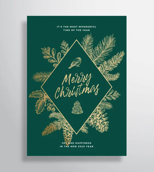 Feliz Navidad abstracto Vector marco tarjeta de felicitación, cartel o fondo de vacaciones. Sketch Agujas de abeto con Strobile, Holly y ramas de muérdago. Marco de gradiente de oro y tipografía. — Vector de stock