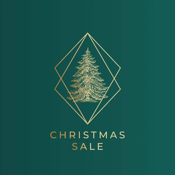 Kerstverkoop groeten vector banner template. Gouden inkt dennenboom in vierkante frame op donkergroene achtergrond. Elegante kerstwensen ansichtkaart ontwerp. Stijlvolle vrolijke kerst social media post lay-out — Stockvector