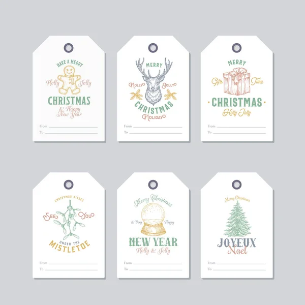 Christmas and New Year Ready-to-Use Pastel Colour Gift Tags or Labels Templates Set. Hand Drawn Reindeer, Cookie Man, Mistletoe, Snowball, Pine and Gift Box Sketches with Retro Typography. — Stock Vector