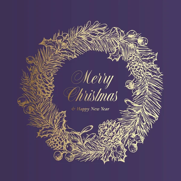 Saludos navideños Anuncio Plantilla Vector Banner. Símbolo de vacaciones de invierno Doodle Sketch corona sobre fondo púrpura. Saludos de Navidad u oferta de descuento en marco. Diciembre Liquidación Promo Poster Design — Archivo Imágenes Vectoriales