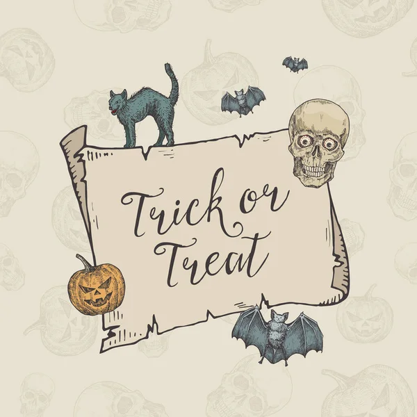 Buon Halloween Trick or Treat Vector Banner Template. Sfondo di carta scorrevole disegnato a mano, Scull, Cat, zucca e Bat Sketch Illustrazioni. Carta decorativa di festa con il modello senza cuciture. — Vettoriale Stock