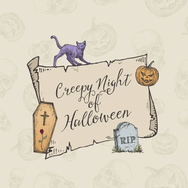 Buon Halloween Trick or Treat Vector Banner Template. Sfondo di carta scorrevole disegnato a mano, bara, gatto, zucca e tomba Illustrazioni schizzo di pietra. Carta decorativa di festa con il modello senza cuciture — Vettoriale Stock