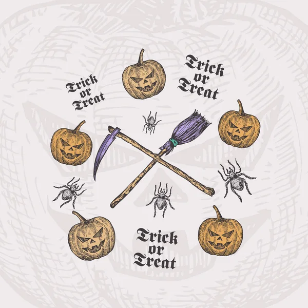 Truc of trakteer Halloween Vector Achtergrond of Kaart Template. Hand getekende kruising Scythe met Broom en Pompoenen met Spider Sketch en Vintage Typografie. Vakantie Decoratieve Samenstelling. — Stockvector