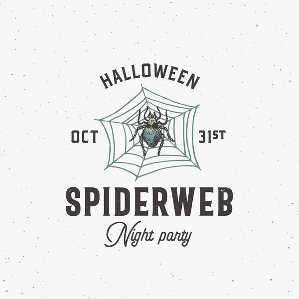 Spiderweb Night Party Vintage Style Halloween Logo of Label Template. Gekleurde Handgetekende Spider en Webschets Symbool met Retro Typografie. Shabby textuur achtergrond. — Stockvector